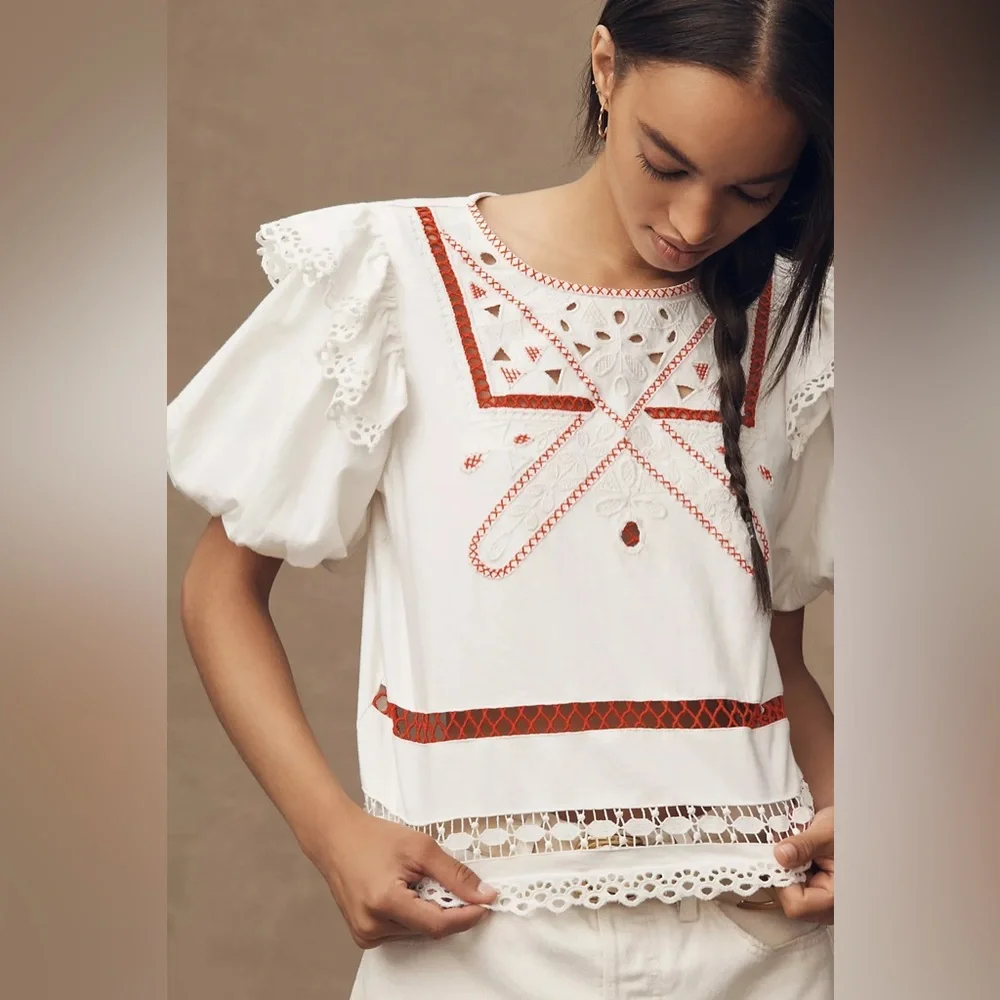 Puff-Sleeve Cutwork Embroidery Top